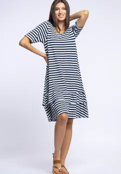 Rochie A line midi, din vascoza, cu imprimeu dungi alb-negru si volan poale imagine