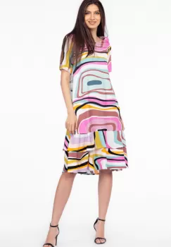 Rochie A line midi, din vascoza cu imprimeu geometric si doua volane poale imagine