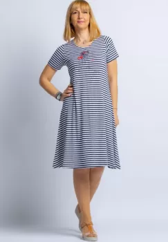 Rochie A line midi, dungi marinar din tricot cu imprimeu chip de fata imagine