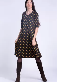 Rochie A line midi, imprimeu buline galbene pe fond negru imagine