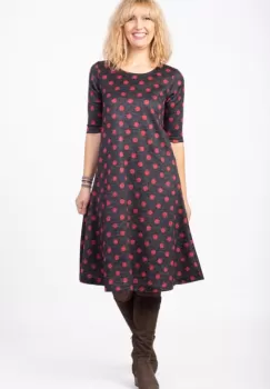 Rochie A line midi, imprimeu buline rosii pe fond negru imagine