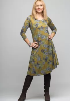 Rochie A line midi, imprimeu flori albastrui, din vascoza imagine