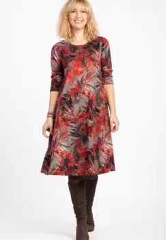 Rochie A line midi, imprimeu frunze de palmier pe fond bej inchis imagine