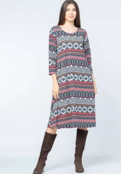 Rochie A line midi, imprimeu geometric bleumarin-rosu imagine