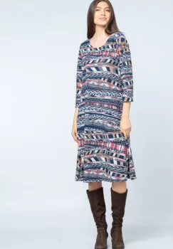 Rochie A line midi, imprimeu geometric liniar albastru-rosu imagine