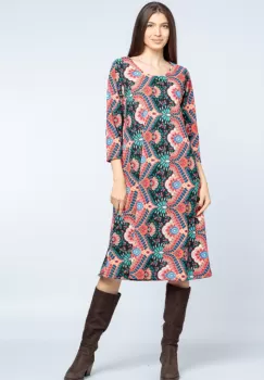 Rochie A line midi, imprimeu oriental roz pe fond negru imagine