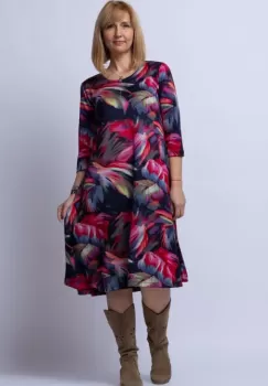 Rochie A line midi, imprimeu predominant in nuante de bleumarin-rosu, din vascoza imagine