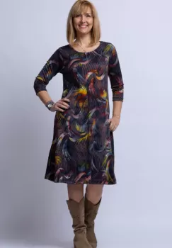 Rochie A line midi, imprimeu predominant in nuante de gri-galben, din vascoza imagine