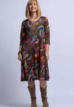 Rochie A line midi, imprimeu predominant in nuante de kaki-galben, din vascoza imagine