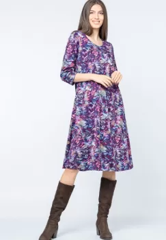 Rochie A line midi, imprimeu vegetal predominant mov imagine