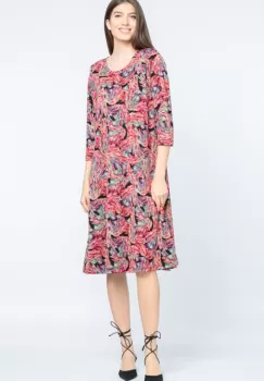 Rochie A line midi, imprimeu vegetal predominant rosu imagine