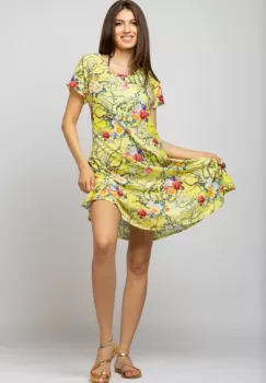 Rochie A line midi, silky, cu imprimeu floral pe fundal galben imagine