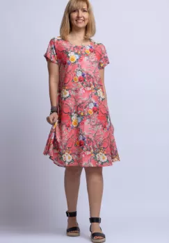 Rochie A line midi, silky, cu imprimeu floral pe fundal rosu imagine