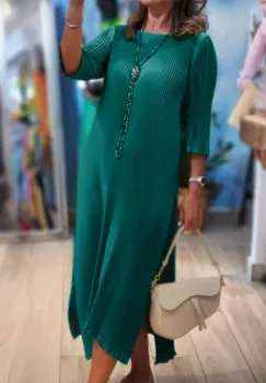 Rochie A-line plisata cu maneci trei sferturi si crapaturi laterale, turcoaz inchis imagine