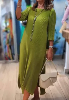 Rochie A-line plisata cu maneci trei sferturi si crapaturi laterale, verde oliv imagine