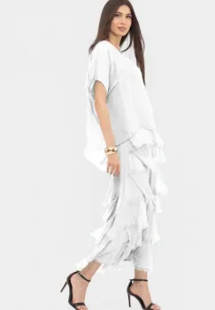 Rochie alba din matase naturala cu volane franjurate suprapuse imagine