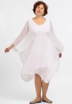 Rochie alba, midi, ampla, din matase naturala, cu detaliu sub bust, in colturi imagine