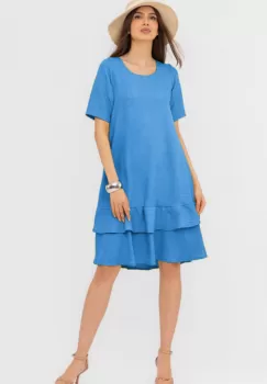 Rochie albastra A line midi, cu doua volane poale, din in mercerizat imagine