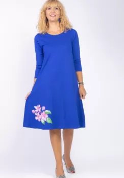 Rochie albastra A line midi, cu imprimeu floare picturala imagine