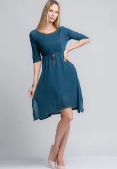 Rochie albastra din jerse cu floricele din piele pe cordon imagine