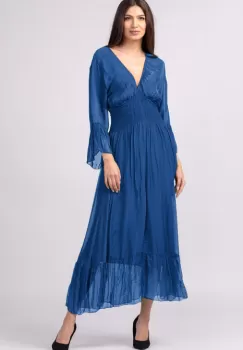 Rochie albastra din matase naturala cu banda elastica in talie si volane imagine