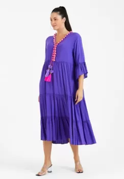 Rochie albastra din vascoza cu volane si ciucuri colorati imagine