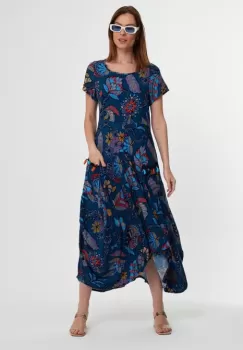 Rochie albastra, lalea, in colturi, cu imprimeu, din vascoza imagine