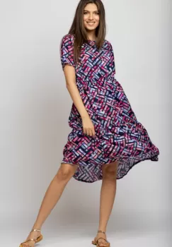 Rochie babydoll midi, cu imprimeu geometric pe fond mov - bleumarin imagine