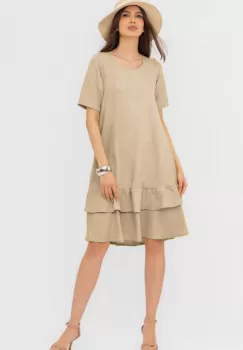 Rochie bej A line midi, cu doua volane poale, din in mercerizat imagine