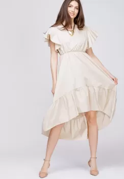 Rochie bej cu bust petrecut si volan la maneci, din poplin imagine