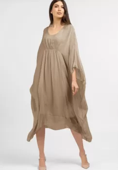 Rochie bej inchis in colturi, lunga, ampla, din matase naturala, cu detaliu sub bust imagine