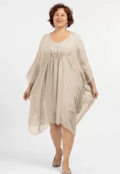 Rochie bej, midi, ampla, din matase naturala, cu detaliu sub bust, in colturi imagine