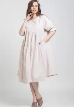 Rochie bej oversize, cu trei volane asimetrice, din poplin satinat imagine