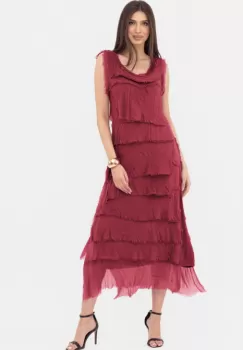 Rochie bordo din matase naturala cu volane franjurate suprapuse, fara maneci imagine