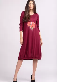 Rochie bordo din tricot, cu elastic la poale si imprimeu maci rosii imagine