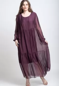 Rochie bordo lunga, din matase naturala, cu volane imagine