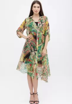 Rochie camasa A-line din matase naturala cu dublura , imprimeu pictural cu nuante verde imagine