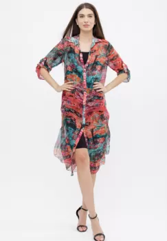 Rochie camasa A-line din matase naturala cu dublura , imprimeu pictural cu rosu si turcoaz imagine