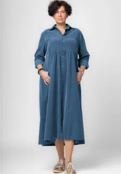 Rochie camasa albastru jeans din catifea reiata, taiata in talie imagine