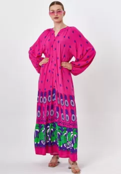 Rochie camasa cu imprimeu, pe fond fucsia, din vascoza imagine