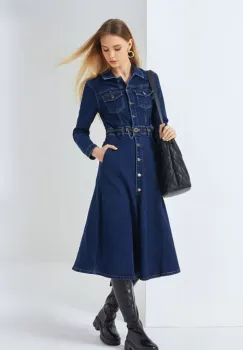 Rochie camasa din blug denim cu guler camasa si taietura in talie imagine