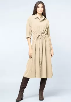 Rochie camasa din catifea reiata cu cordon in talie, bej deschis imagine