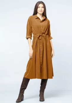 Rochie camasa din catifea reiata cu cordon in talie, camel imagine