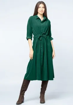 Rochie camasa din catifea reiata cu cordon in talie, verde imagine