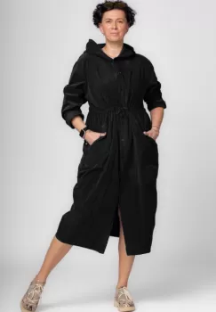 Rochie camasa din catifea reiata cu gluga si siret in talie, neagra imagine