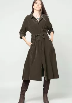 Rochie camasa din catifea reiata maro, cu cordon in talie imagine