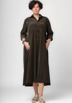 Rochie camasa din catifea reiata, taiata in talie, maro imagine