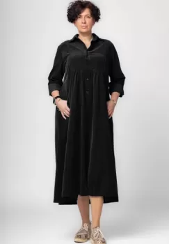 Rochie camasa din catifea reiata, taiata in talie, maro - Copie imagine