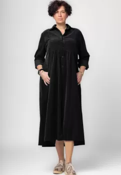 Rochie camasa din catifea reiata, taiata in talie, maro - Copie imagine