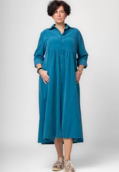 Rochie camasa din catifea reiata, taiata in talie, turcoaz imagine